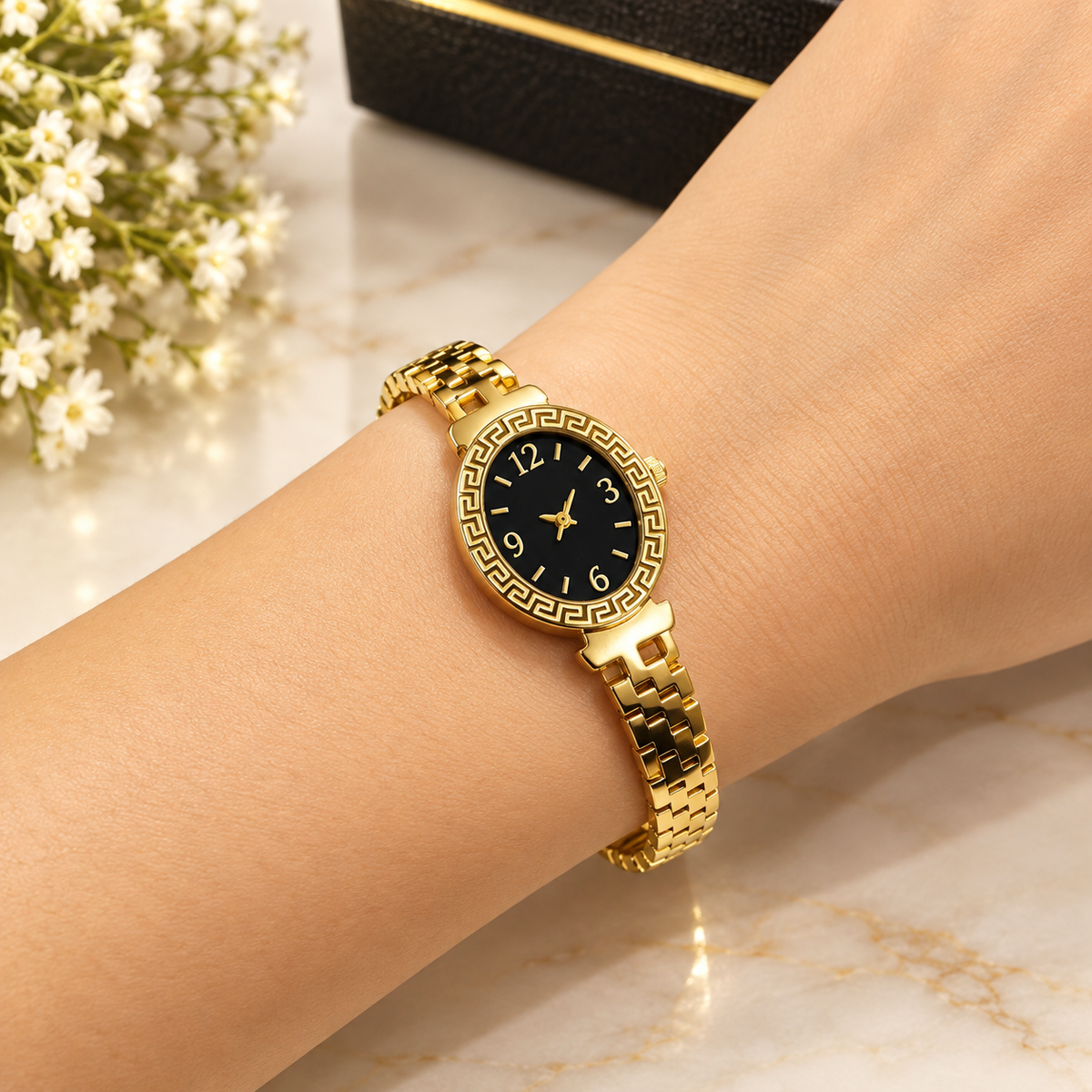 Golden Greek-Key Classic Women’s Bracelet Watch