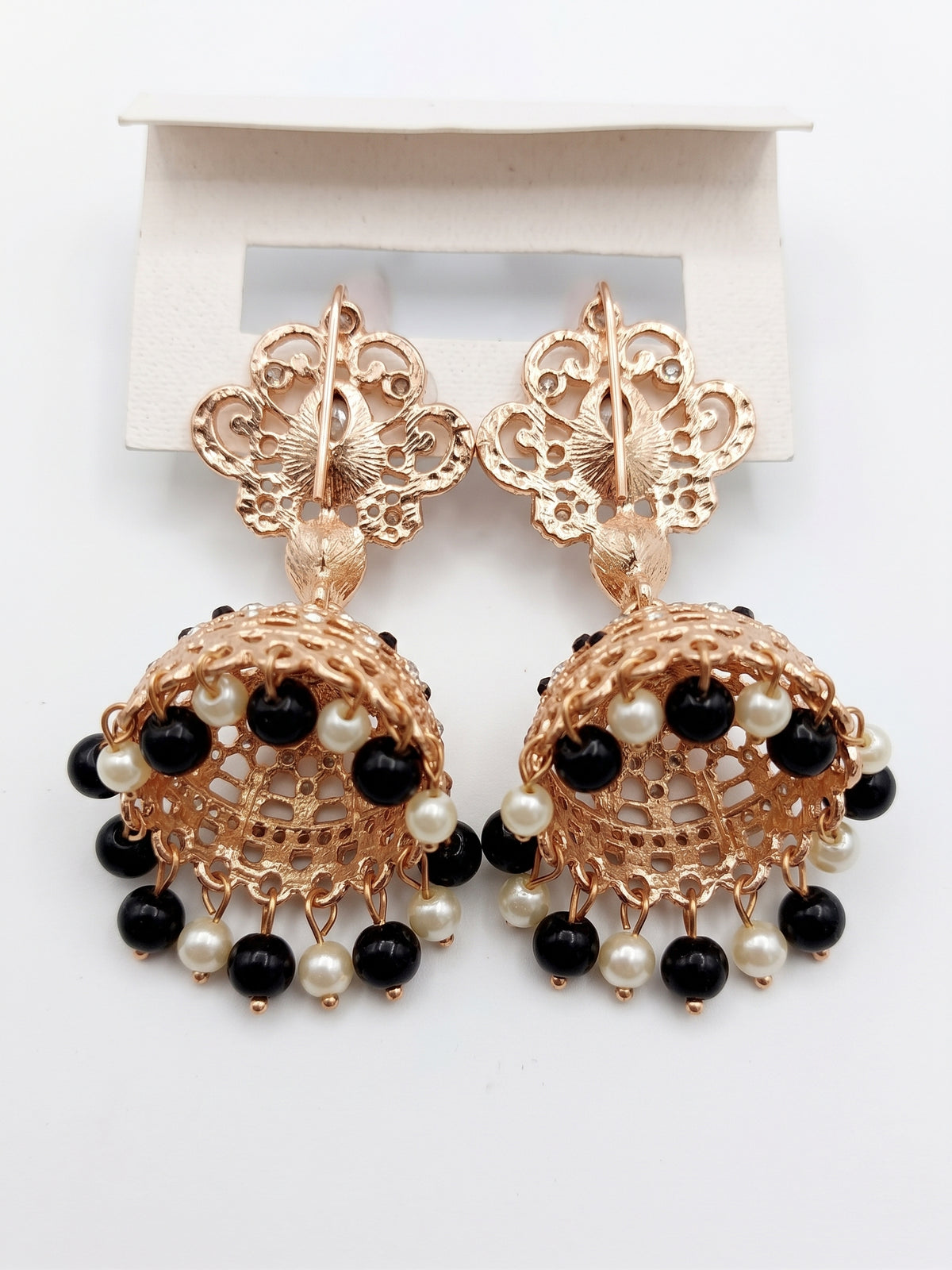 Royal Antique Gold & Black Stone Jhumka Earrings with Pearl Drops