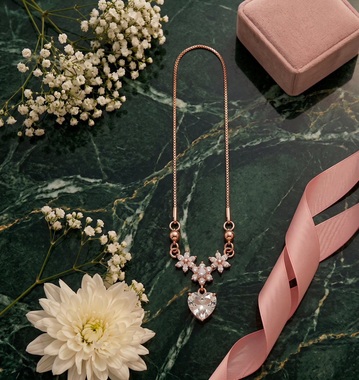 Rose Gold Crystal Blossom & Heart Pendant Necklace