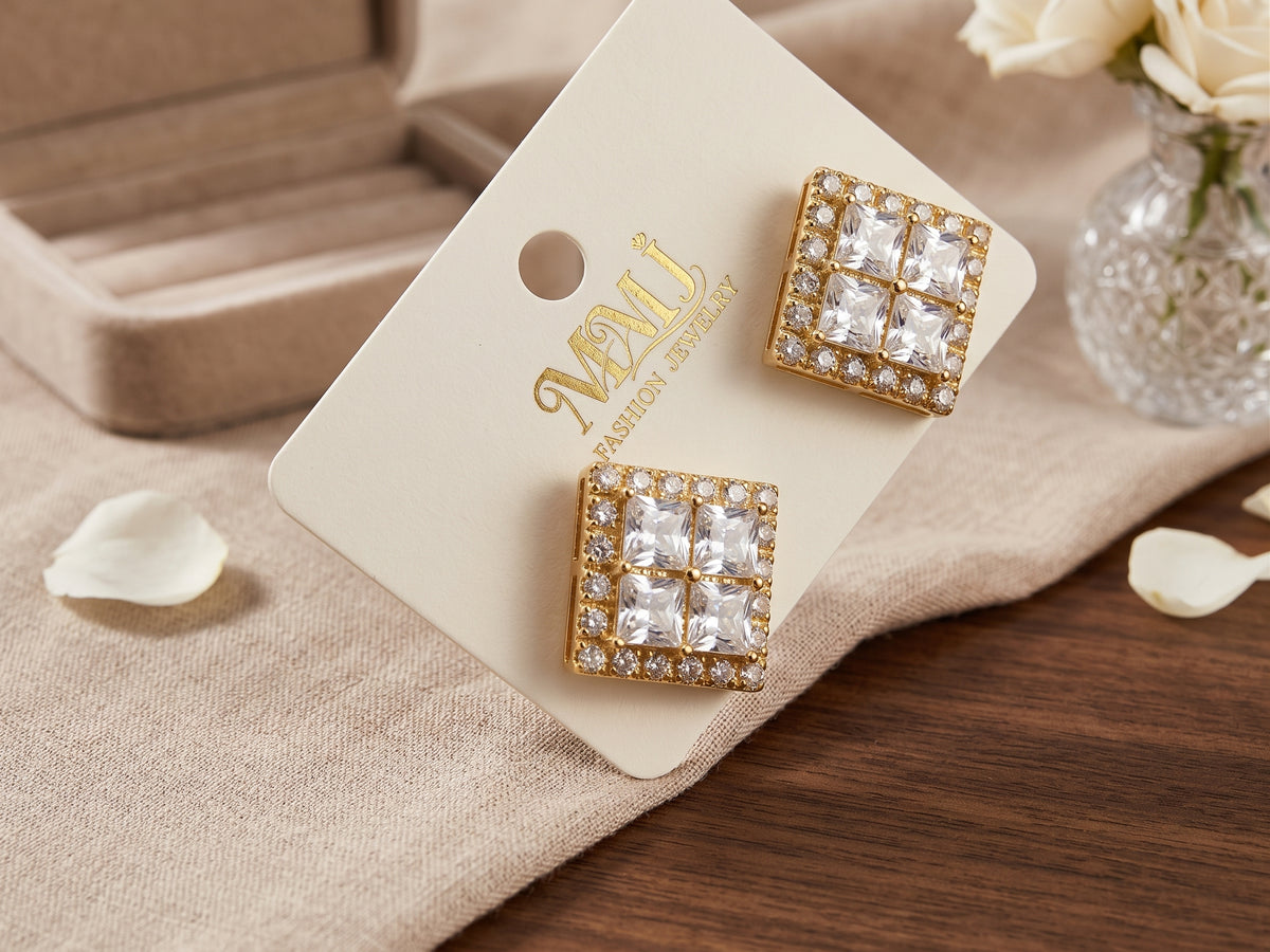 Radiant Crystal Quad-Square Halo Stud Earrings