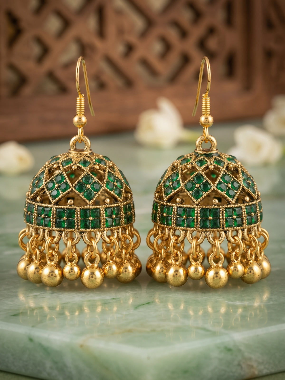 Antique Gold-Plated Emerald Green Stone Dome Jhumka Earrings (Traditional Name: Kundan/Jadau Style Jhumkas)