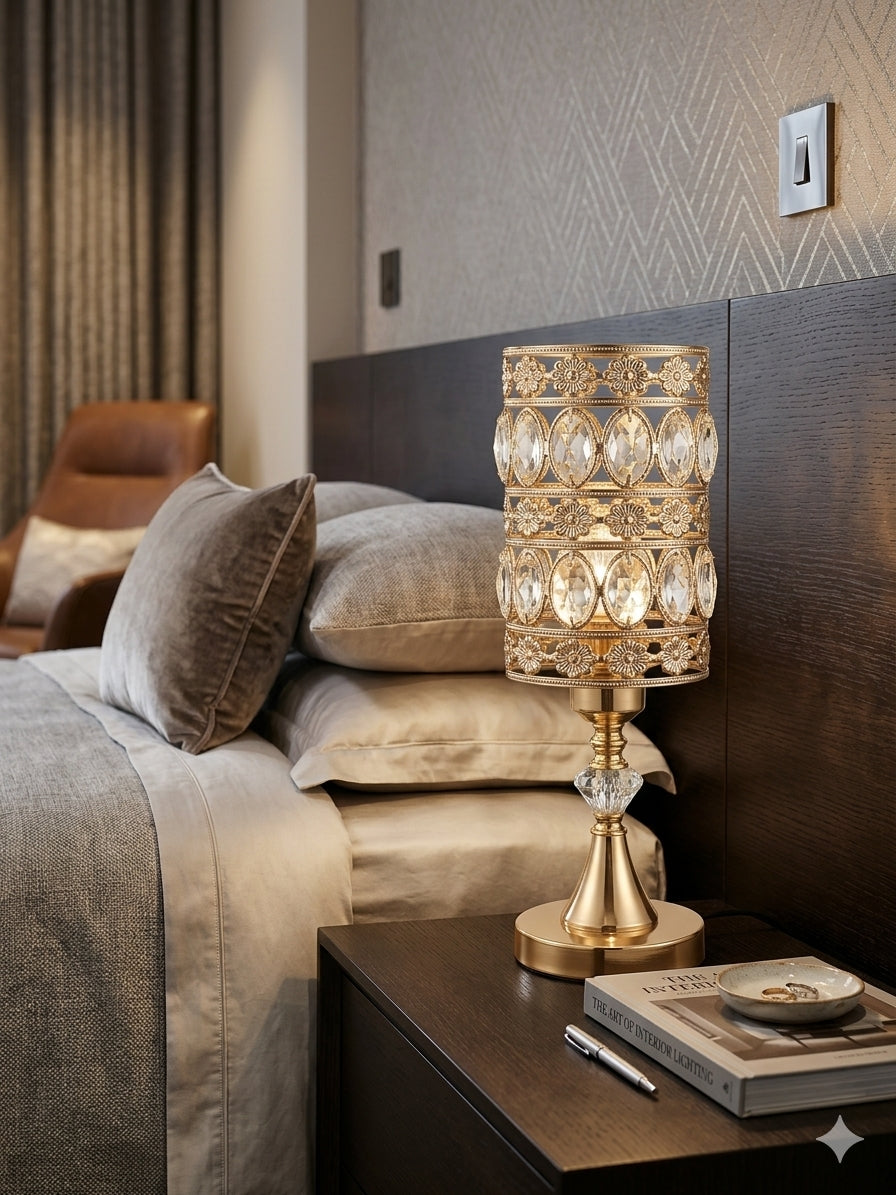 Ornate Crystal & Gold Filigree Cylinder Table Lamp.