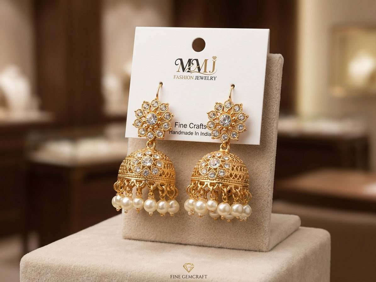 Traditional Gold-Plated Filigree Jhumka Earrings with Faux Pearl Drops