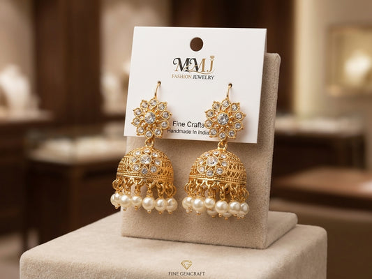 Traditional Gold-Plated Filigree Jhumka Earrings with Faux Pearl Drops