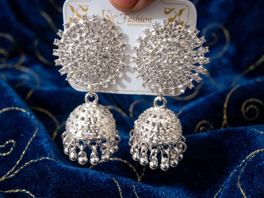 Silver-plated floral crystal stud jhumka earrings
