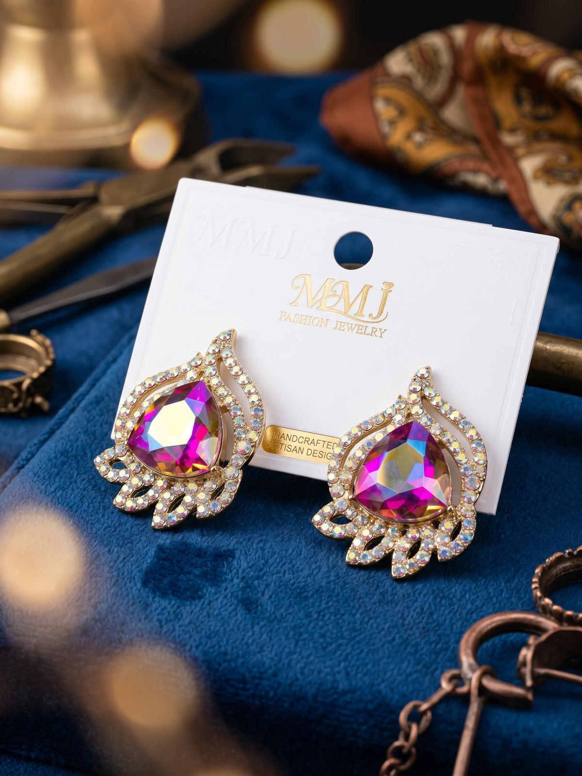 Iridescent Aurora Borealis Teardrop Statement Stud Earrings in Gold Tone