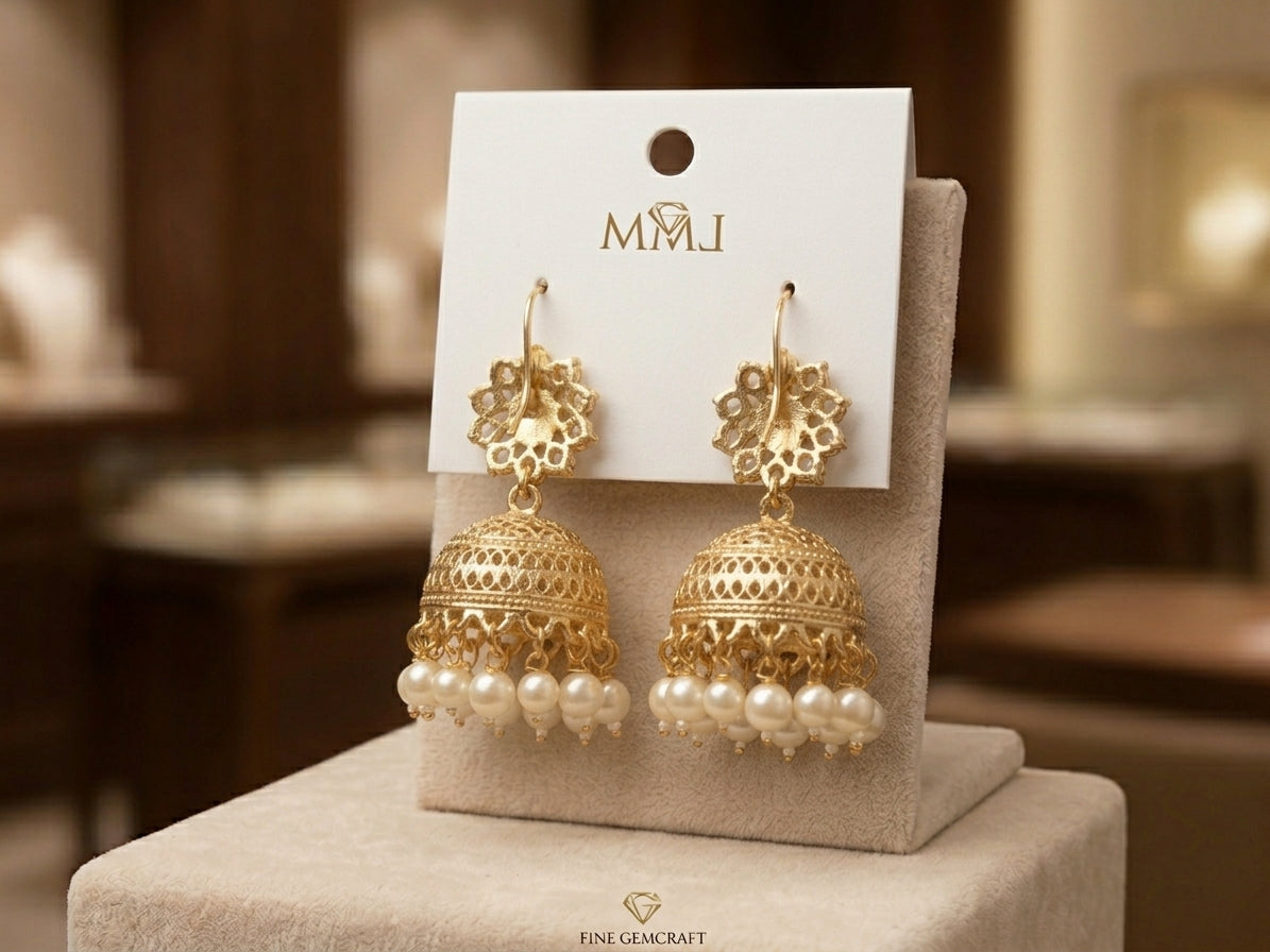 Traditional Gold-Plated Filigree Jhumka Earrings with Faux Pearl Drops