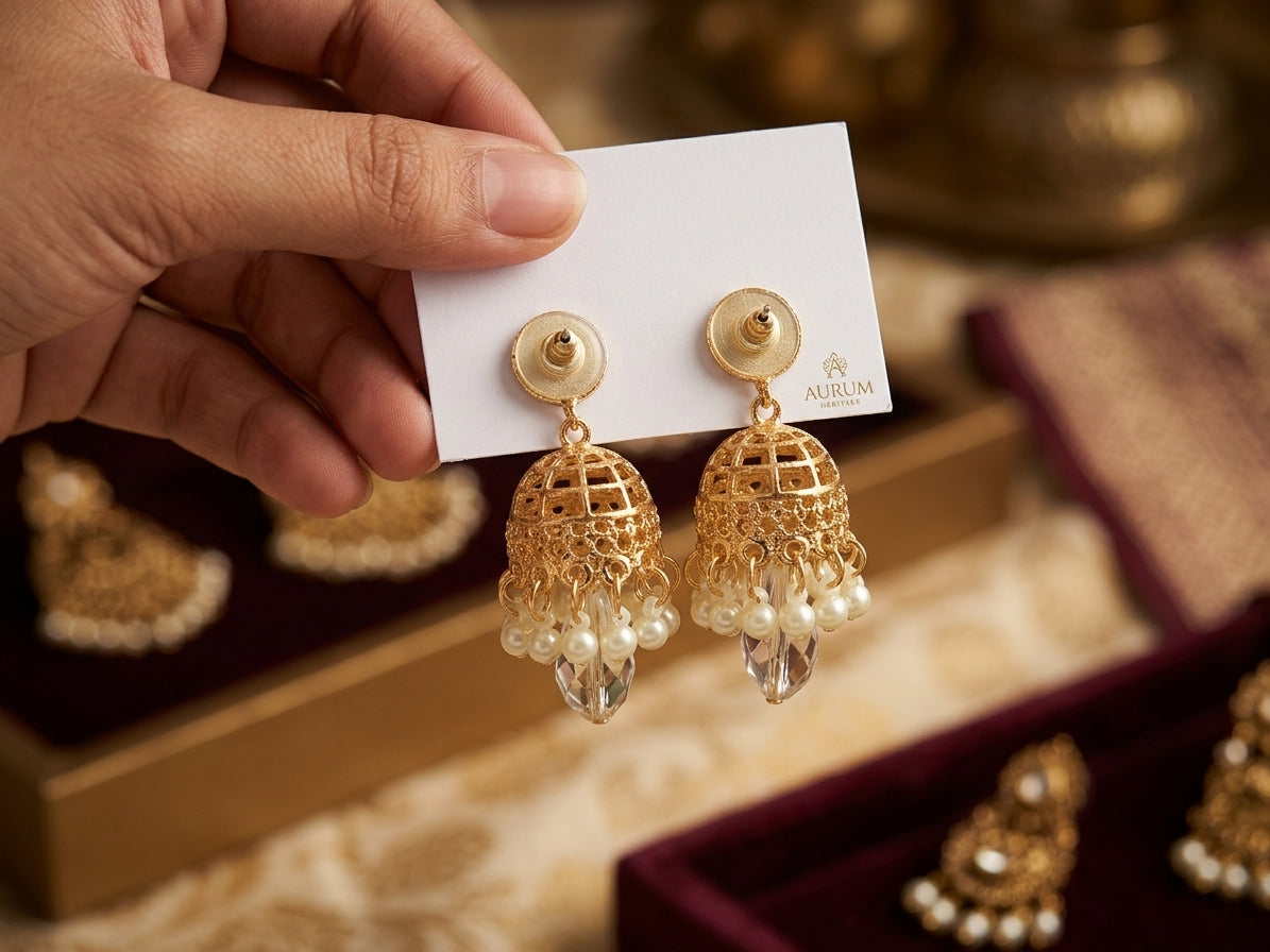 Royal Grace Crystal & Pearl Jhumka Earrings