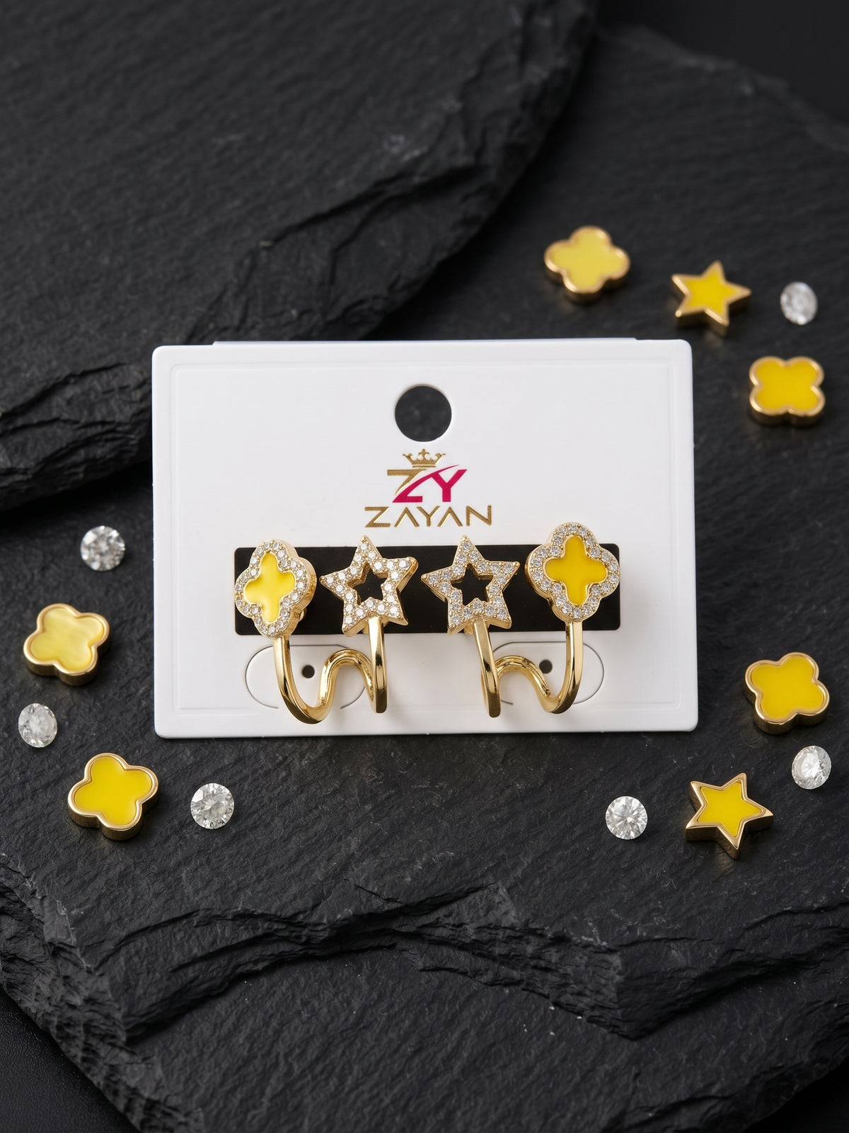Zayan Gold-Plated Clover & Pave Star Spiral Huggie Earrings Set