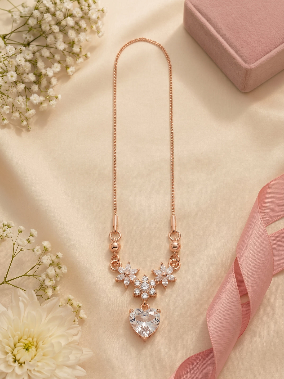 Rose Gold Crystal Blossom & Heart Pendant Necklace