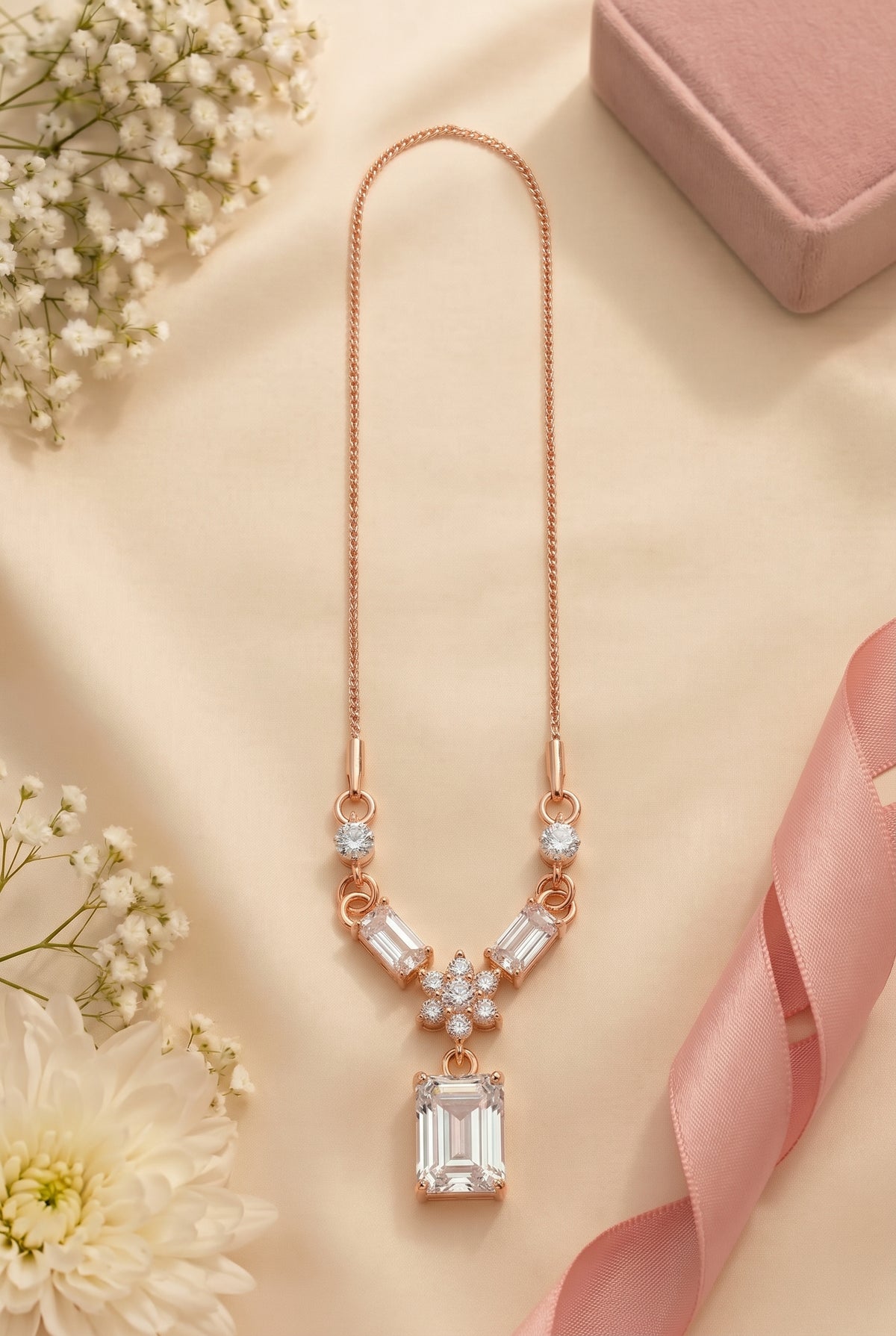 Blossom & Baguette Solitaire Drop Necklace