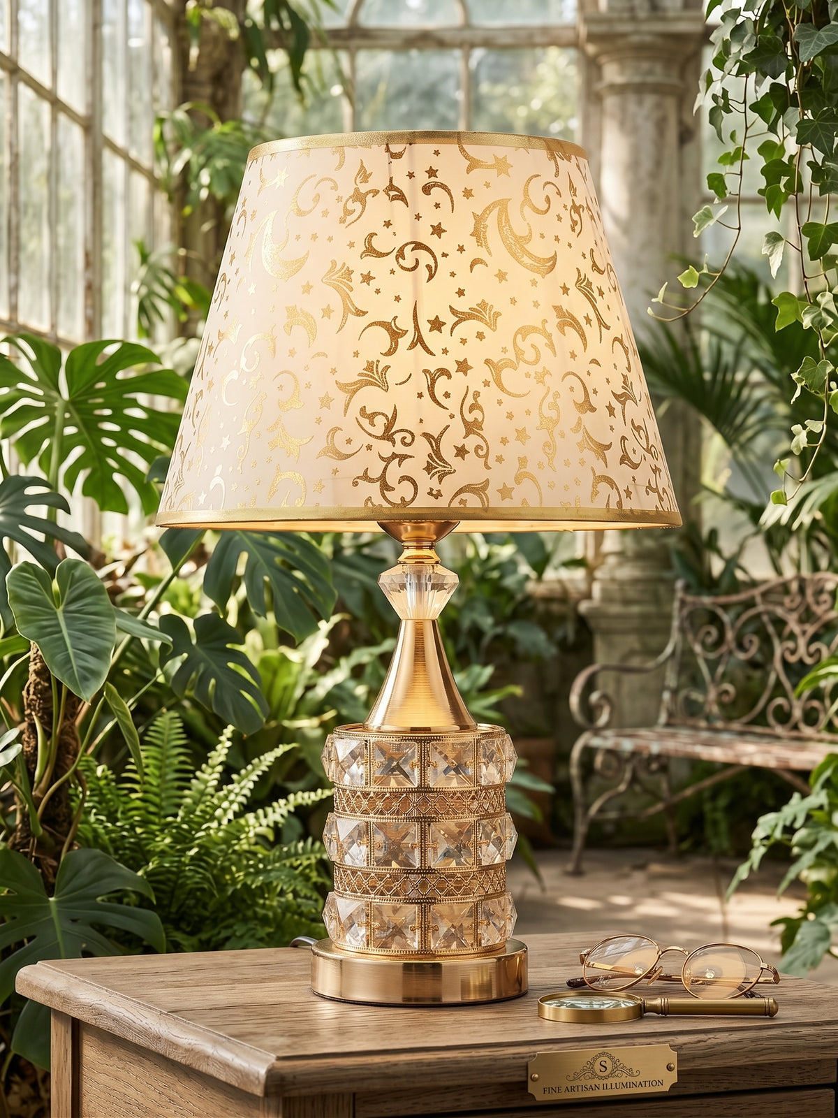Luxury Royal Gold Crystal Bedside Table Lamp (with Filigree Fabric Shade)