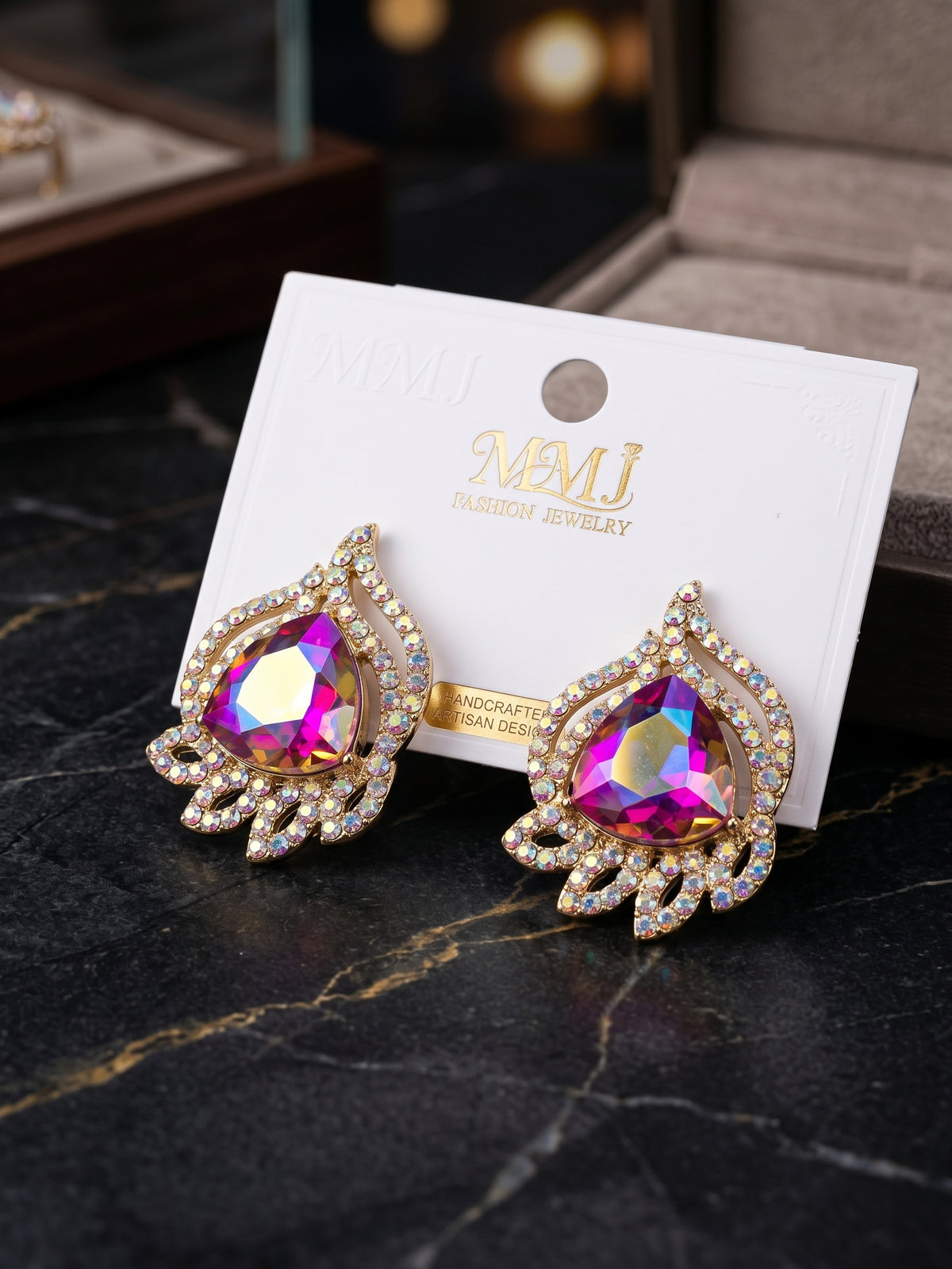 Iridescent Aurora Borealis Teardrop Statement Stud Earrings in Gold Tone