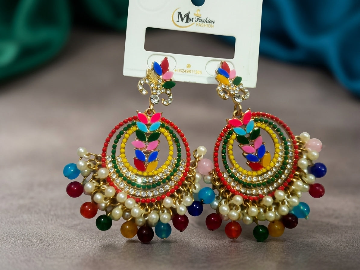 Multicolor Meenakari & Pearl Chandbali Statement Earrings