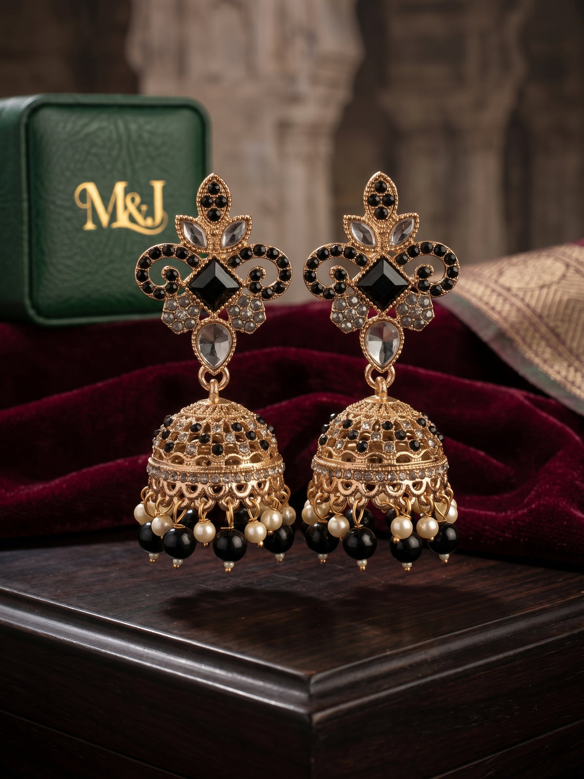 Royal Antique Gold & Black Stone Jhumka Earrings with Pearl Drops