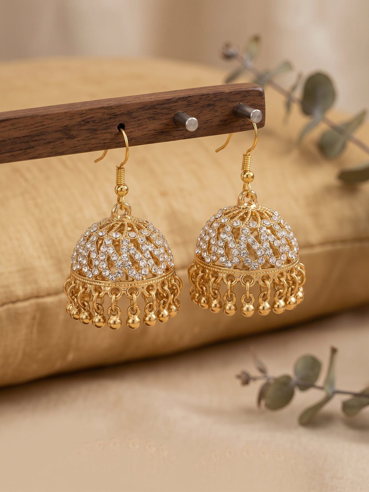 Antique Gold Filigree Crystal Jhumka Earrings