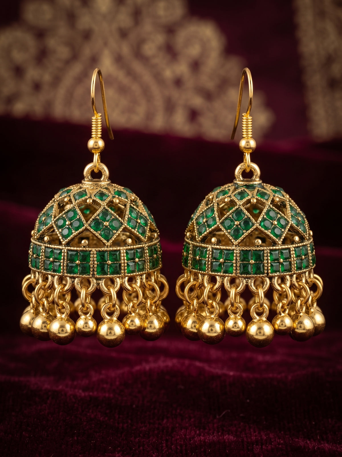 Antique Gold-Plated Emerald Green Stone Dome Jhumka Earrings (Traditional Name: Kundan/Jadau Style Jhumkas)