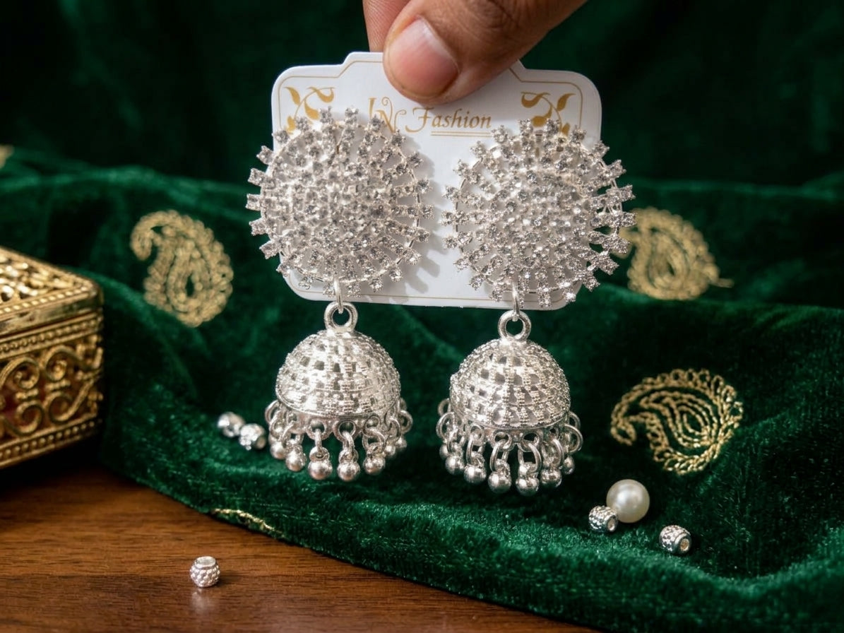 Silver-plated floral crystal stud jhumka earrings