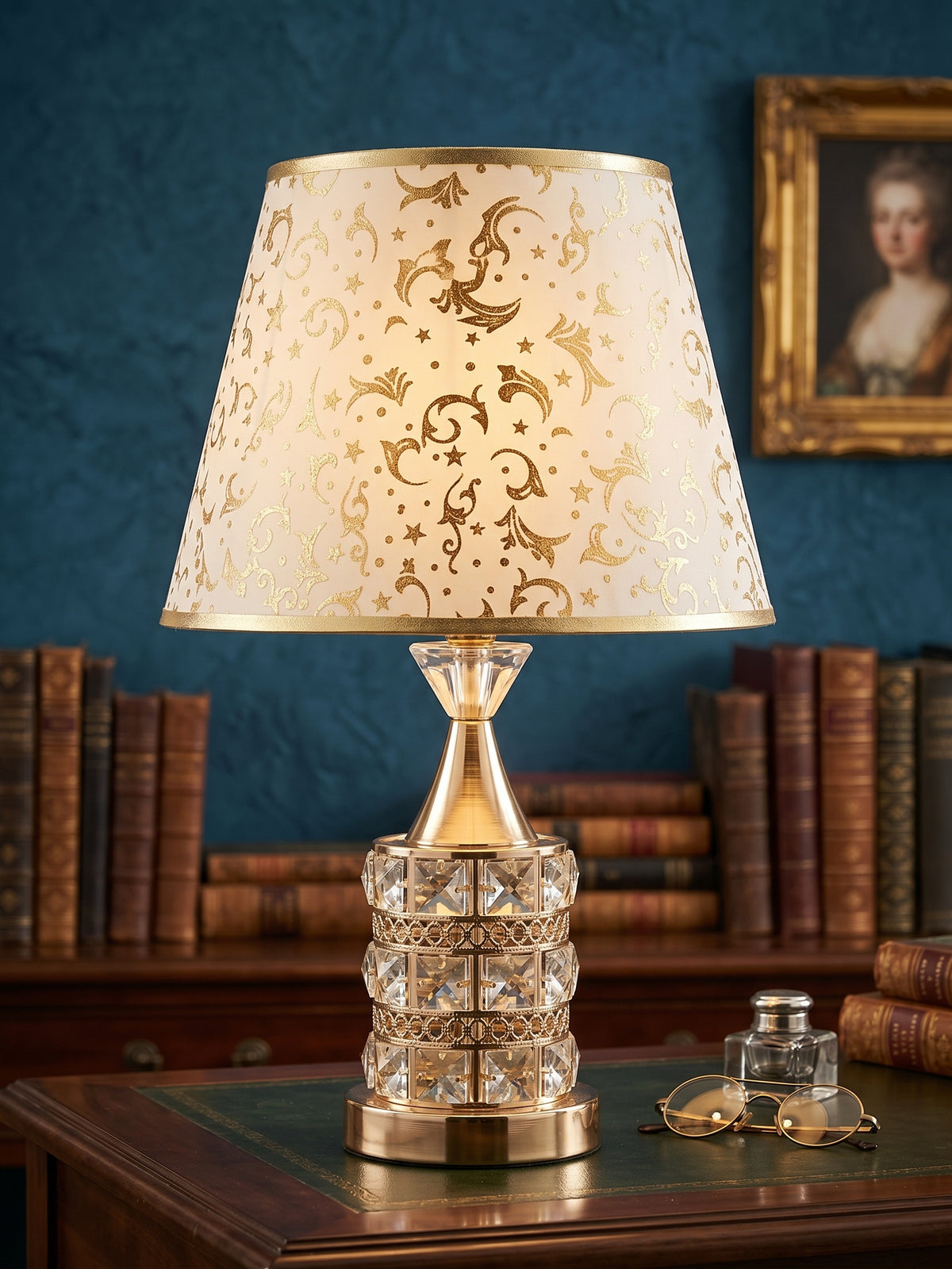 Luxury Royal Gold Crystal Bedside Table Lamp (with Filigree Fabric Shade)