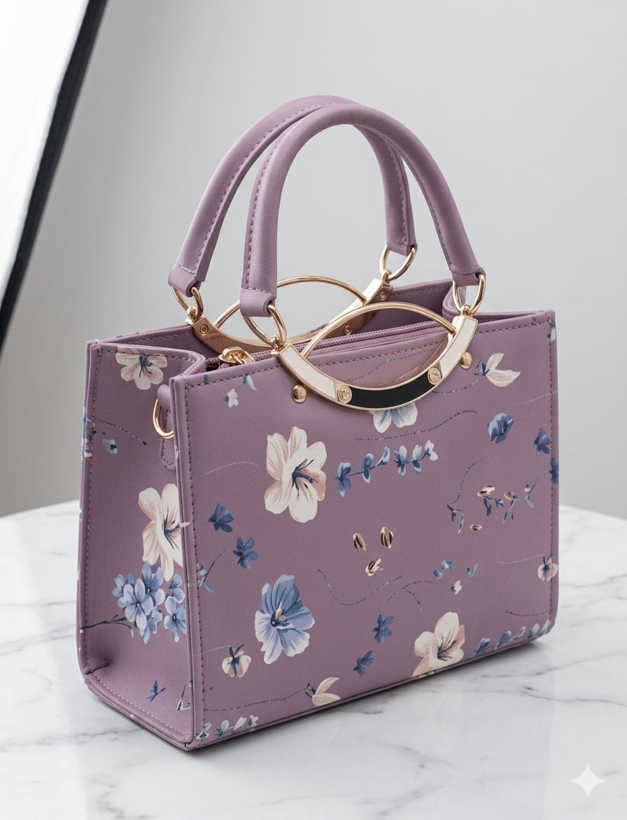 Pastel Purple Vegan Leather Satchel Bag with Gold Handles