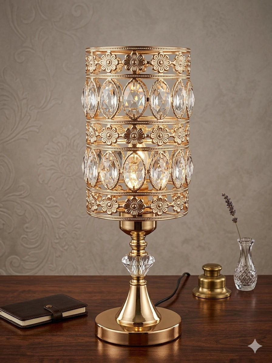 Ornate Crystal & Gold Filigree Cylinder Table Lamp.