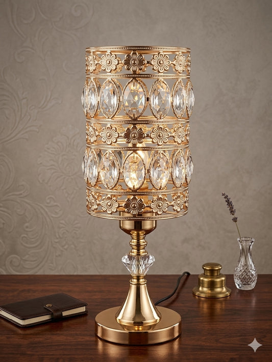 Ornate Crystal & Gold Filigree Cylinder Table Lamp.