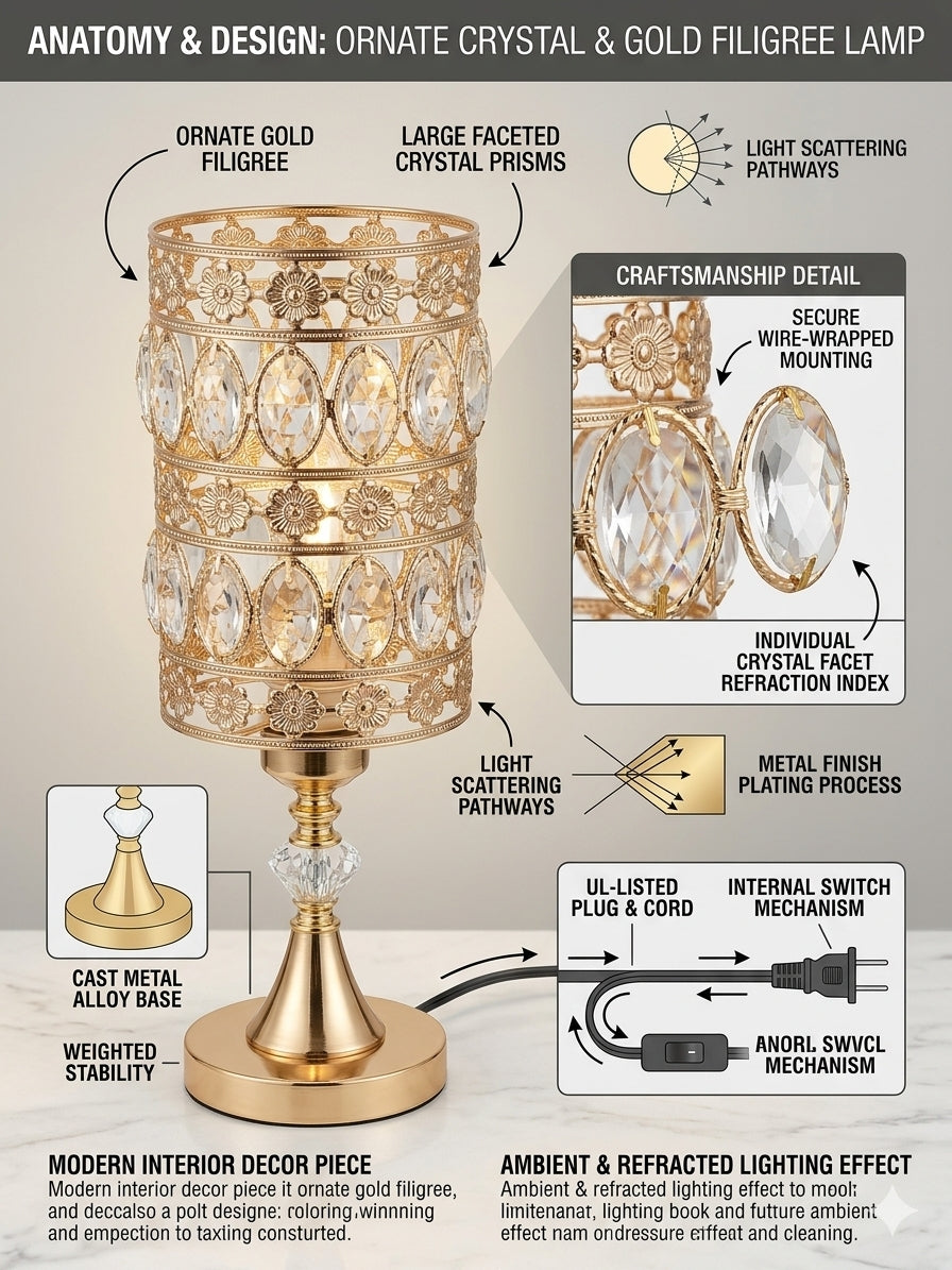 Ornate Crystal & Gold Filigree Cylinder Table Lamp.
